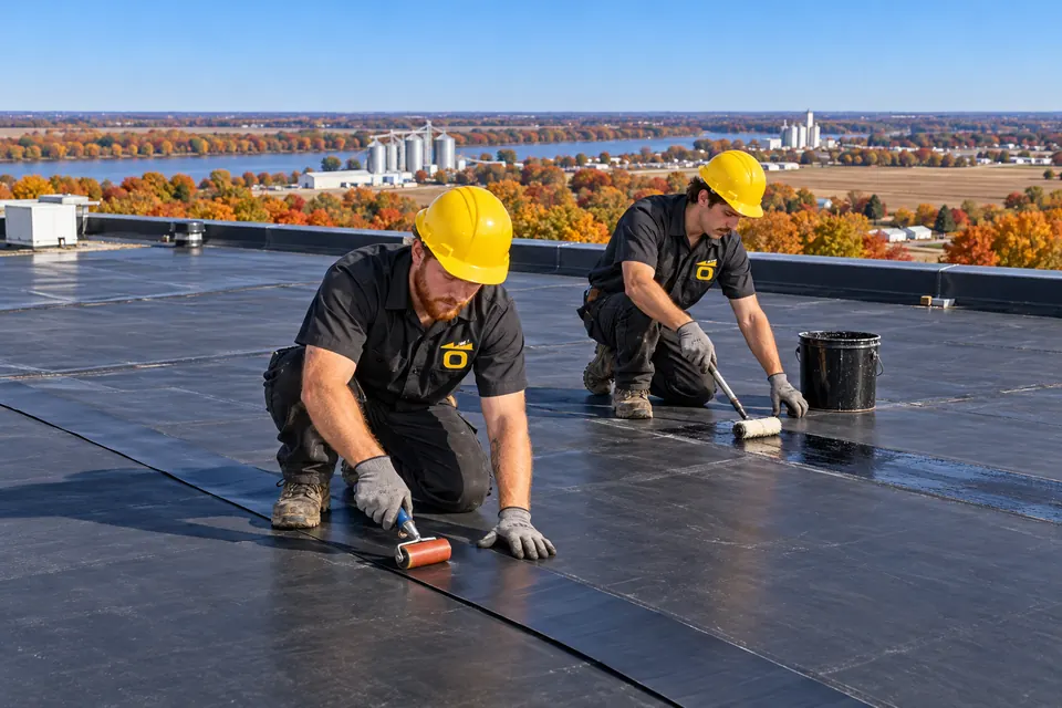 Crew rolling out and seaming a black EPDM rubber membrane on a flat commercial roof