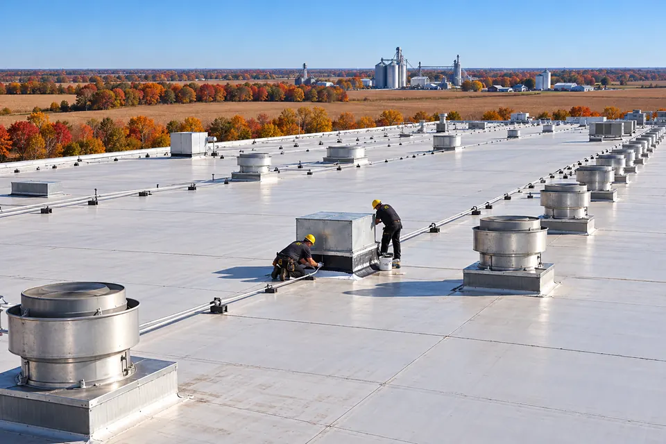 Overhead view of a large industrial roof with rooftop units and a roofing crew at work