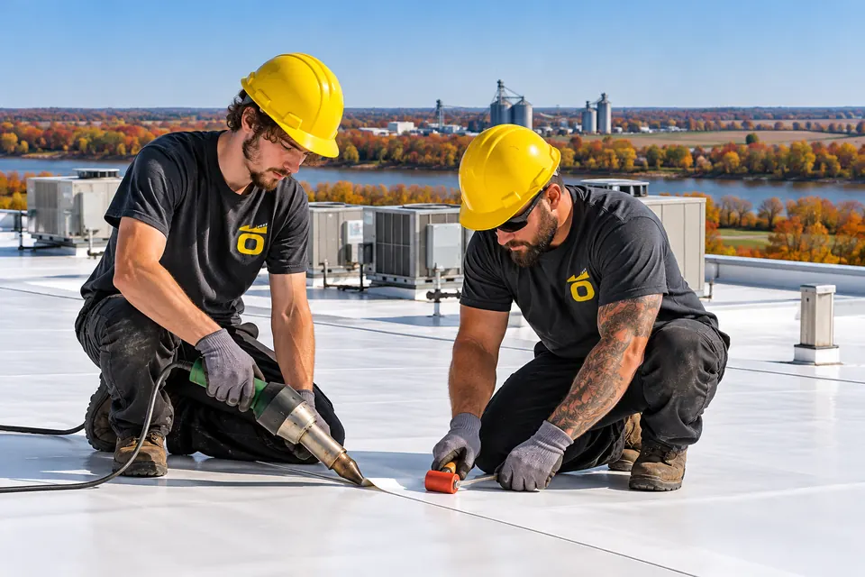 Roofer in an Owensboro Commercial Roofing shirt welding a TPO membrane seam on a low-slope roof