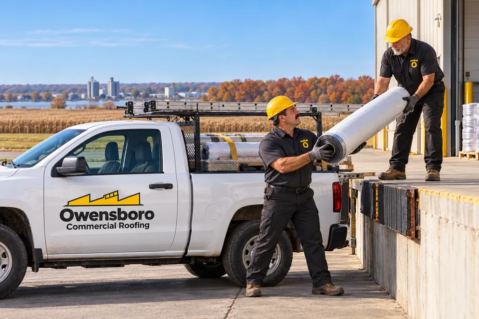 Owensboro Commercial Roofing work truck staged beside a commercial building for a roof job